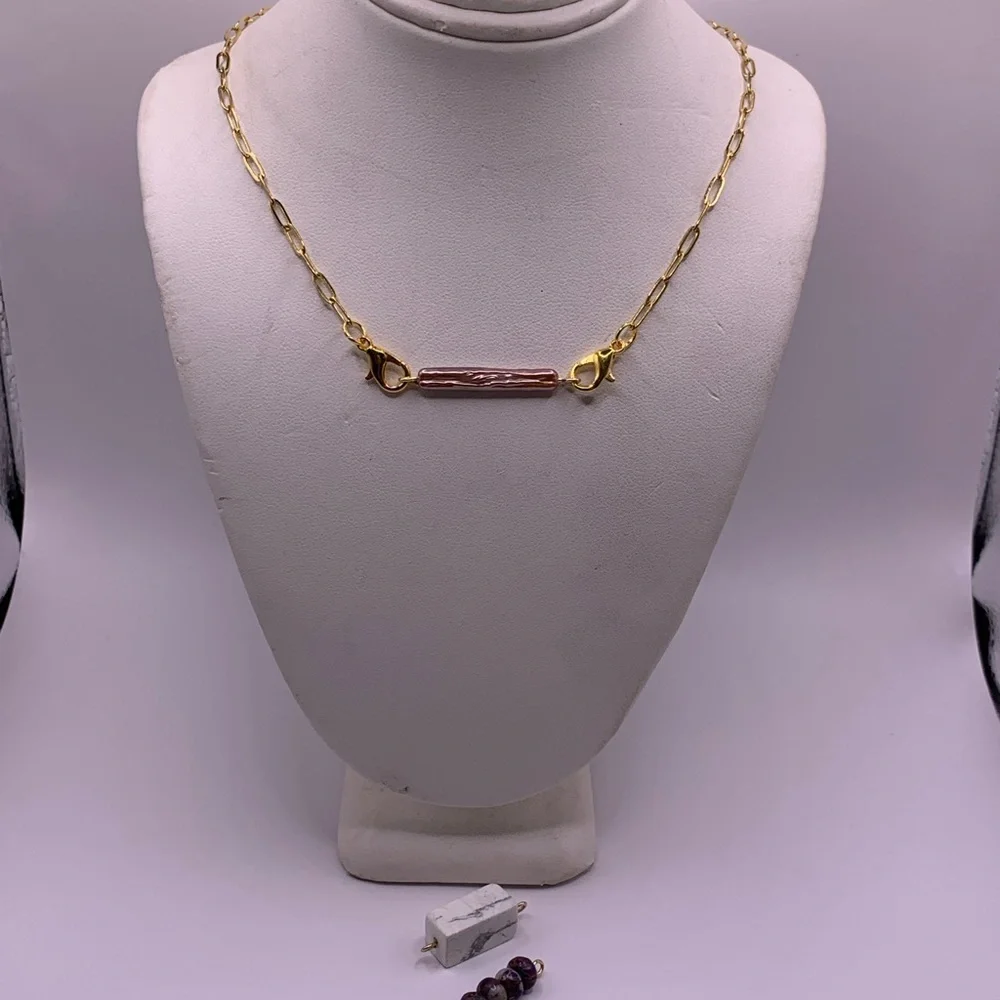 Interchangeable 14k Gold Plated Bar Necklace with Paperclip Chain